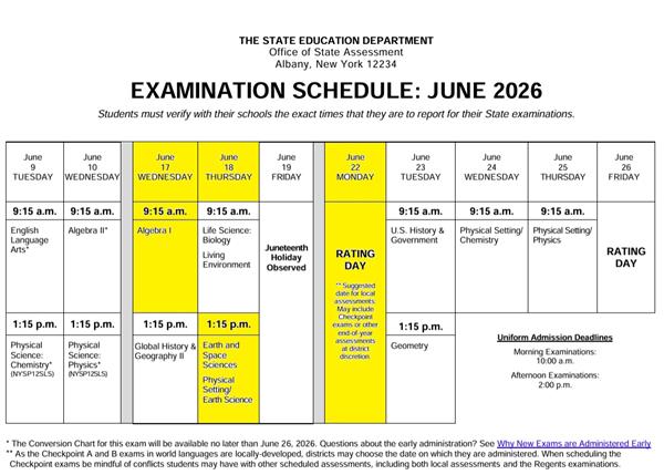 June 2026 Regents Exam Dates
